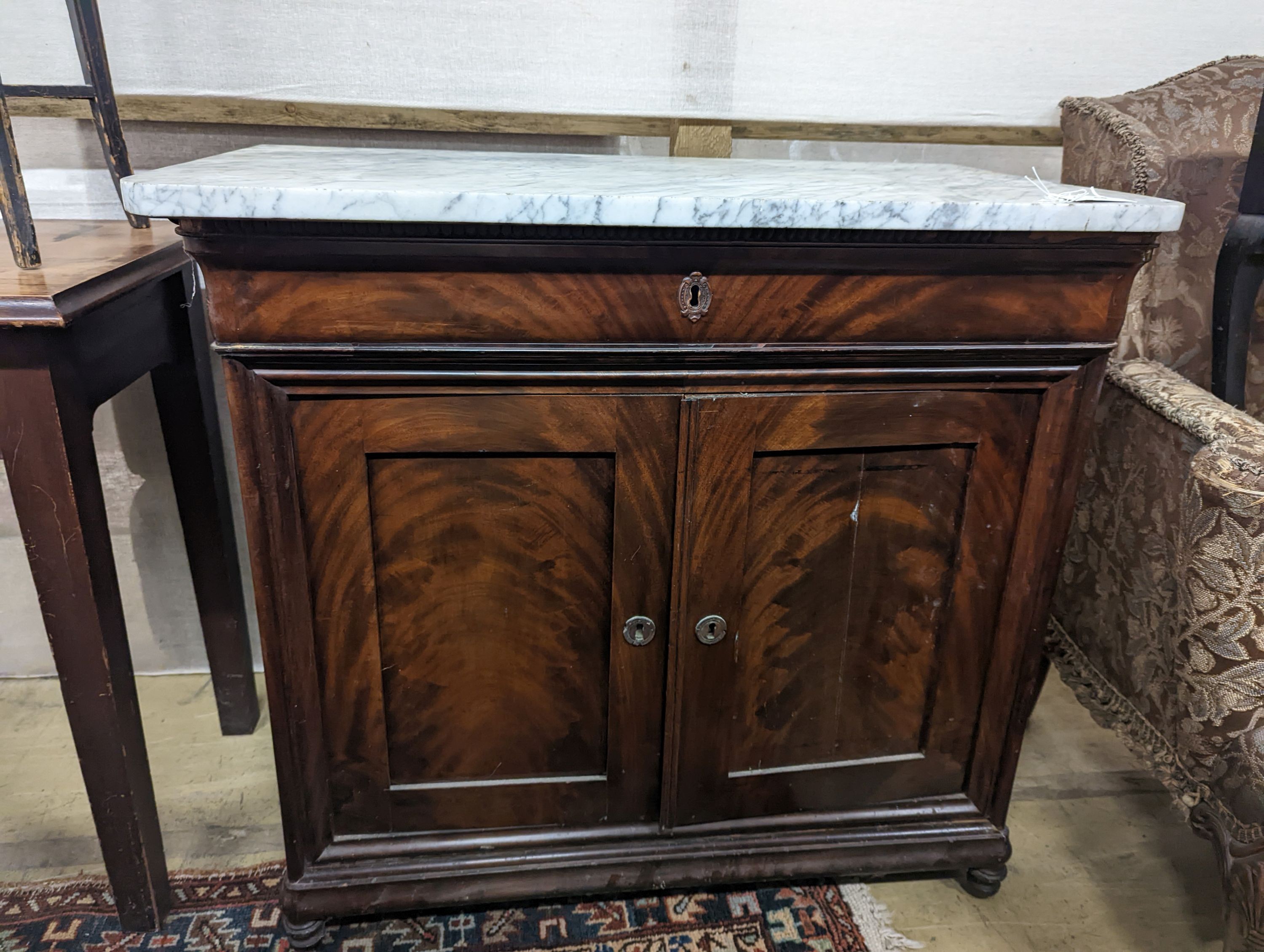 A 19th century French marble-topped mahogany side cabinet, width 92cm, depth 52cm, height 86cm